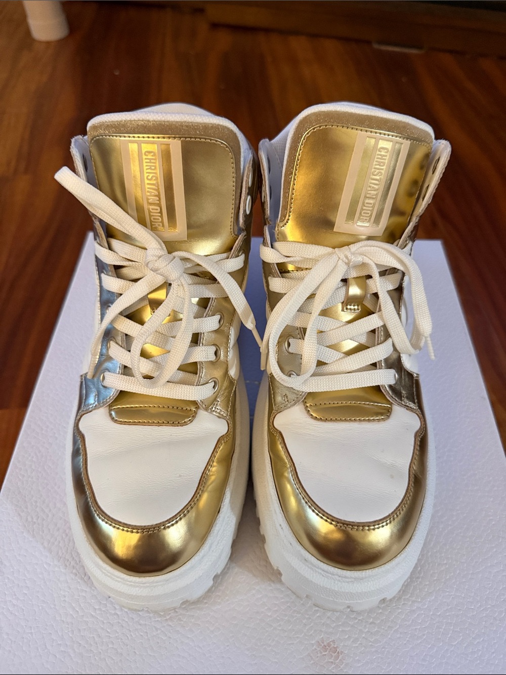 Christian Dior White & Gold Hightop Platform Sneakers